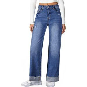 Women's Fleece Lined Jeans High Waist Wide Leg Distressed Casual